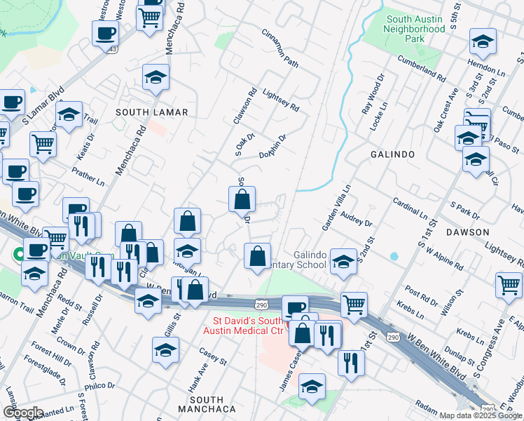 map of restaurants, bars, coffee shops, grocery stores, and more near 1202 Southport Drive in Austin