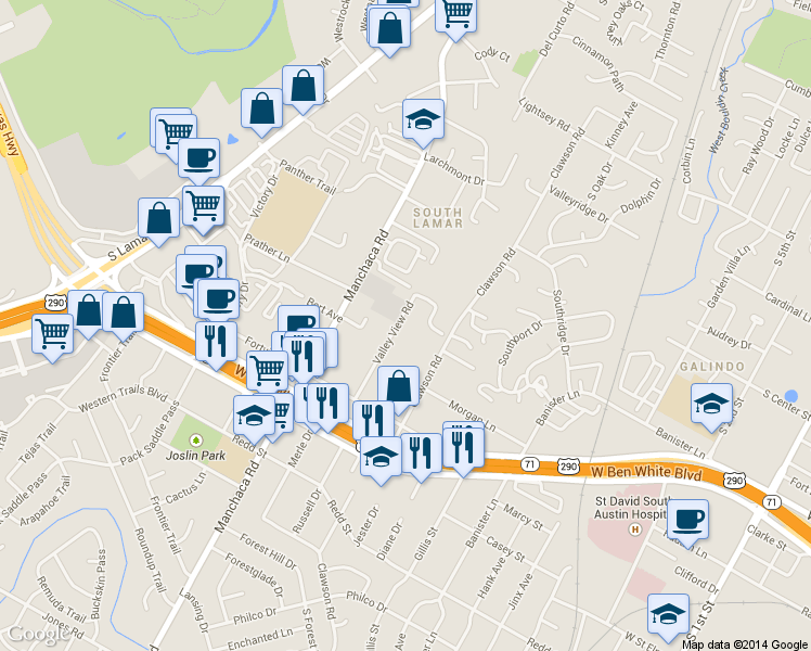 map of restaurants, bars, coffee shops, grocery stores, and more near 3915 Valley View Road in Austin