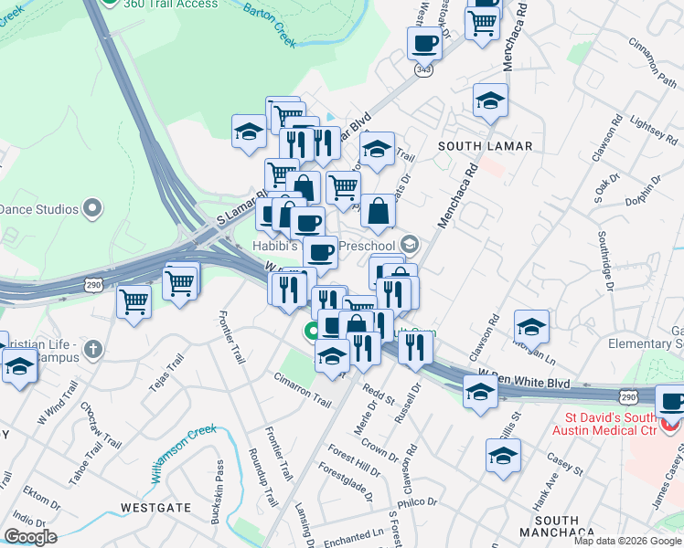 map of restaurants, bars, coffee shops, grocery stores, and more near 2110 Fort View Road in Austin