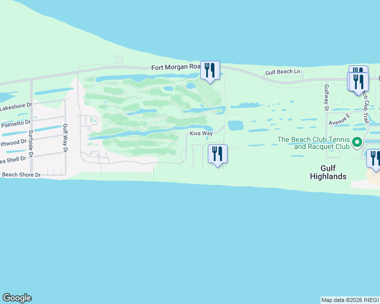 map of restaurants, bars, coffee shops, grocery stores, and more near 545 Plantation Road in Gulf Shores