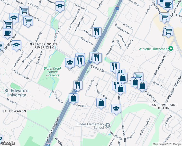 map of restaurants, bars, coffee shops, grocery stores, and more near 2400 Audubon Place in Austin
