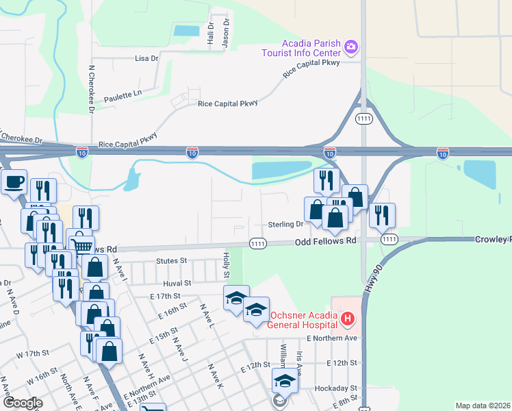 map of restaurants, bars, coffee shops, grocery stores, and more near 221 Glenwood Avenue in Crowley