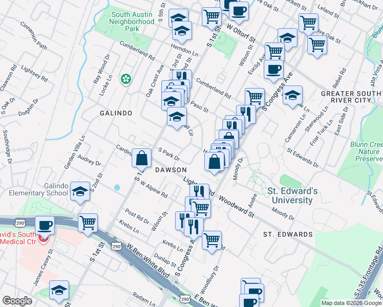 map of restaurants, bars, coffee shops, grocery stores, and more near 3106 Fontana Drive in Austin