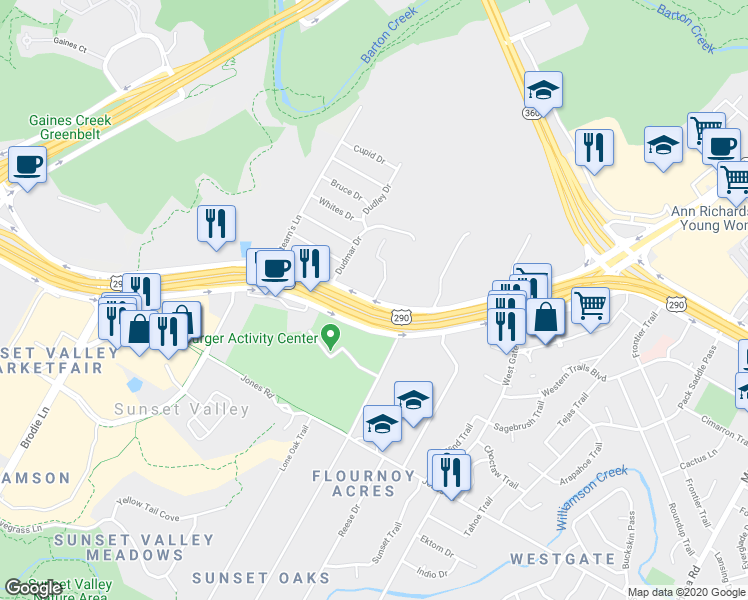 map of restaurants, bars, coffee shops, grocery stores, and more near S Lamar Blvd in Austin