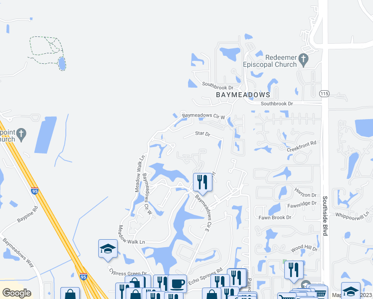 map of restaurants, bars, coffee shops, grocery stores, and more near 7772 Las Palmas Way in Jacksonville