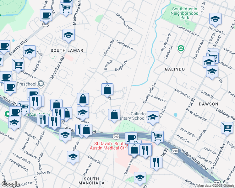 map of restaurants, bars, coffee shops, grocery stores, and more near 1202 Southport Drive in Austin
