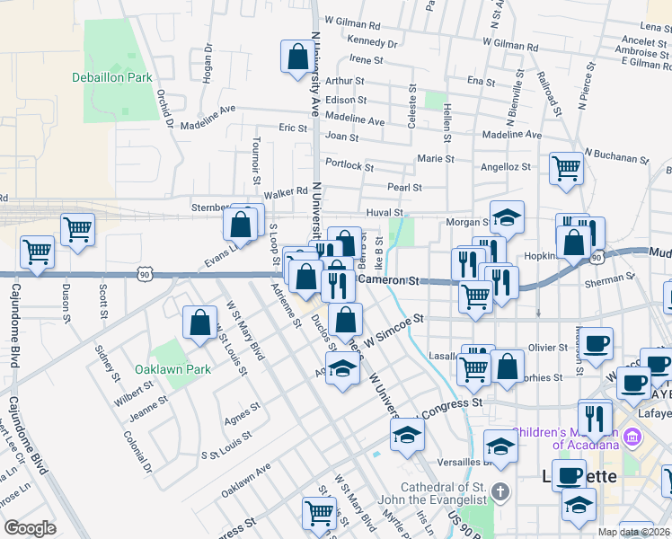 map of restaurants, bars, coffee shops, grocery stores, and more near 1506 Cameron Street in Lafayette