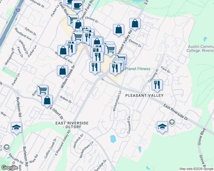 map of restaurants, bars, coffee shops, grocery stores, and more near 111 East Riverside Drive in Austin