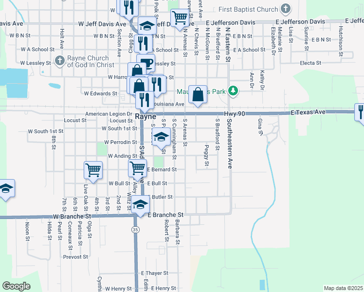 map of restaurants, bars, coffee shops, grocery stores, and more near 404 South Arenas Street in Rayne