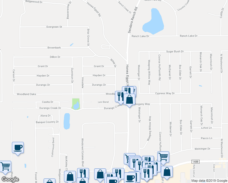 map of restaurants, bars, coffee shops, grocery stores, and more near 6514 Woodland Oaks in Magnolia