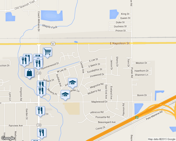 map of restaurants, bars, coffee shops, grocery stores, and more near 11 Eucalyptus Street in Sulphur
