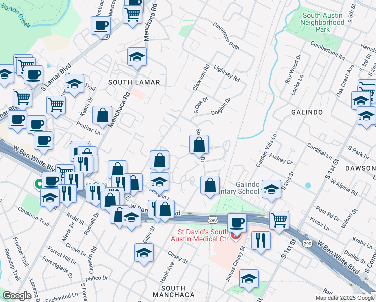 map of restaurants, bars, coffee shops, grocery stores, and more near 1504 Southport Drive in Austin
