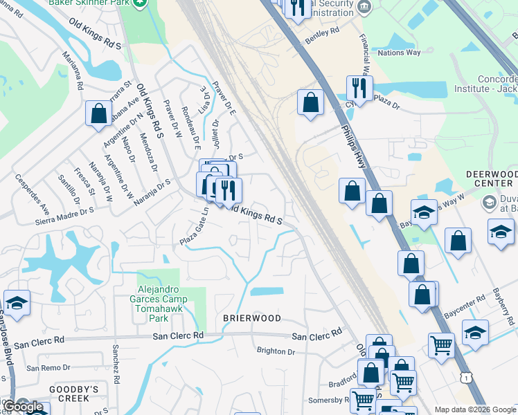 map of restaurants, bars, coffee shops, grocery stores, and more near 4752 Radcliff Court in Jacksonville