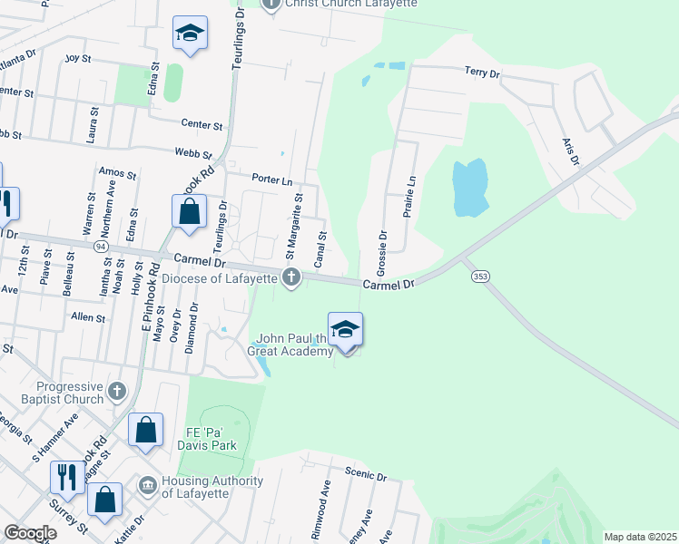 map of restaurants, bars, coffee shops, grocery stores, and more near 1513 Carmel Drive in Lafayette