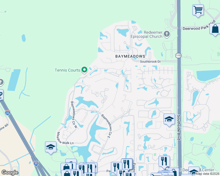 map of restaurants, bars, coffee shops, grocery stores, and more near 7709 Las Palmas Way in Jacksonville