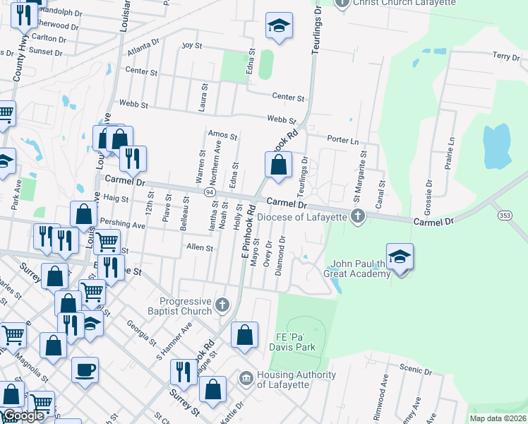 map of restaurants, bars, coffee shops, grocery stores, and more near 113 Fred Street in Lafayette