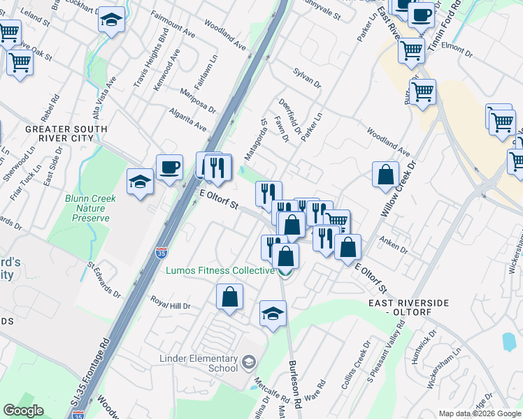 map of restaurants, bars, coffee shops, grocery stores, and more near 1747 East Oltorf Street in Austin