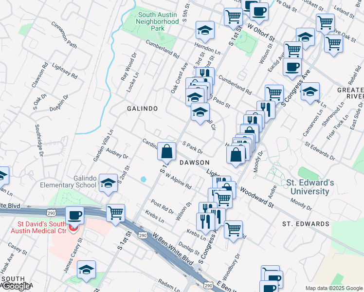 map of restaurants, bars, coffee shops, grocery stores, and more near 520 Lightsey Road in Austin