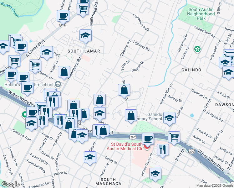 map of restaurants, bars, coffee shops, grocery stores, and more near 1504 Southport Drive in Austin