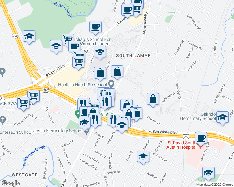 map of restaurants, bars, coffee shops, grocery stores, and more near 4019 Menchaca Road in Austin