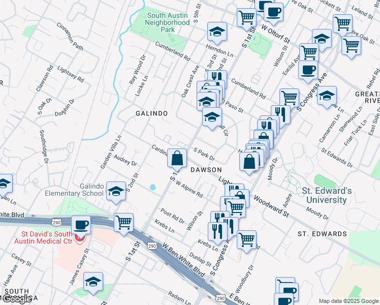 map of restaurants, bars, coffee shops, grocery stores, and more near 3243 South 1st Street in Austin