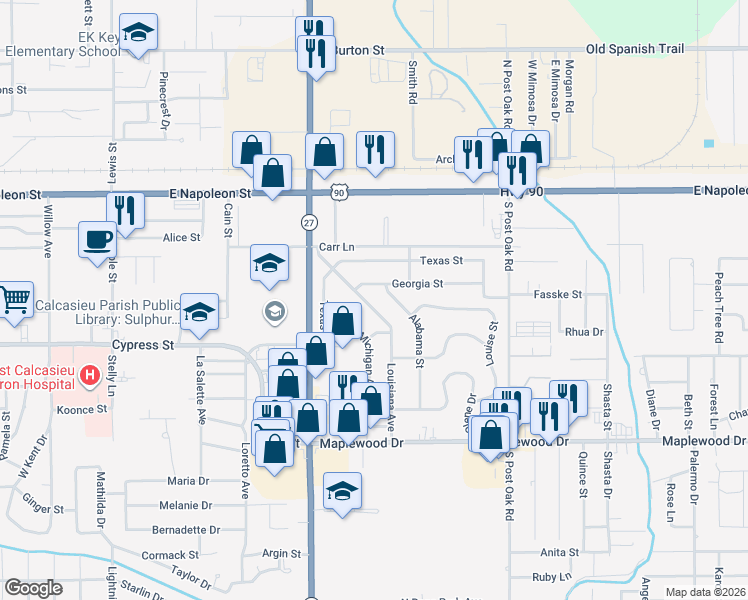 map of restaurants, bars, coffee shops, grocery stores, and more near 306 Louisiana Avenue in Sulphur