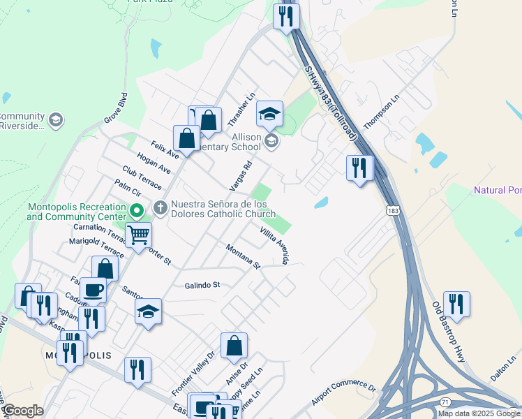 map of restaurants, bars, coffee shops, grocery stores, and more near 901 Vasquez Street in Austin