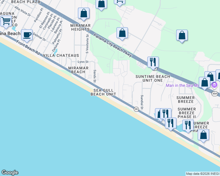 map of restaurants, bars, coffee shops, grocery stores, and more near 17680 Front Beach Road in Panama City Beach
