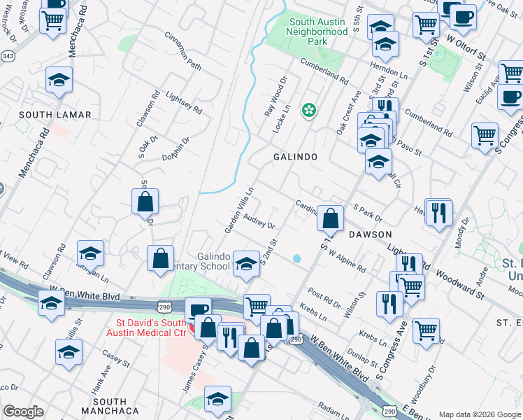 map of restaurants, bars, coffee shops, grocery stores, and more near 3601 Marcae Court in Austin