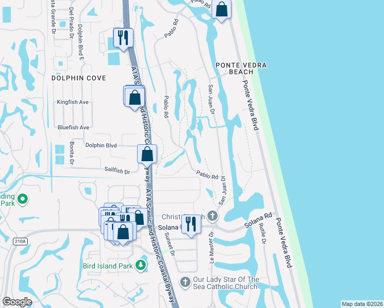 map of restaurants, bars, coffee shops, grocery stores, and more near 329 Pablo Road in Ponte Vedra