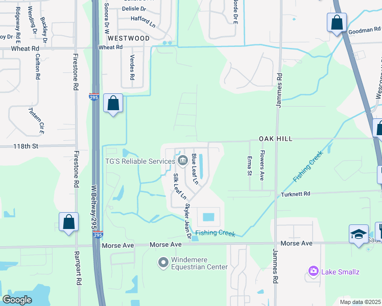 map of restaurants, bars, coffee shops, grocery stores, and more near 6410 Blue Leaf Lane in Jacksonville
