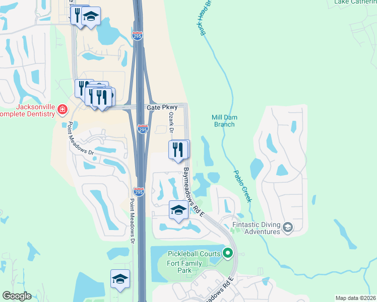 map of restaurants, bars, coffee shops, grocery stores, and more near 7790 Baymeadows Road East in Jacksonville