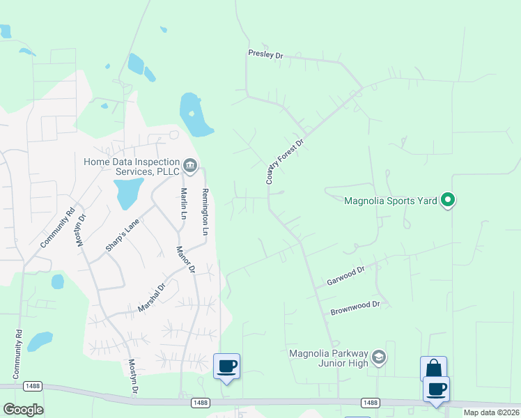 map of restaurants, bars, coffee shops, grocery stores, and more near 40299-40405 Country Forest Drive in Magnolia