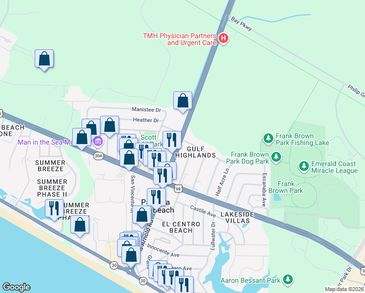 map of restaurants, bars, coffee shops, grocery stores, and more near 127 Henry Avenue in Panama City Beach