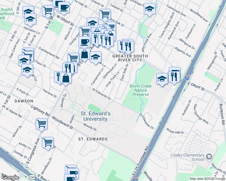 map of restaurants, bars, coffee shops, grocery stores, and more near 2701 Nottingham Lane in Austin
