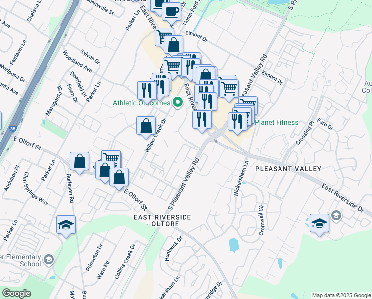map of restaurants, bars, coffee shops, grocery stores, and more near 2200 South Pleasant Valley Road in Austin