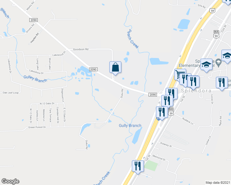 map of restaurants, bars, coffee shops, grocery stores, and more near 14676 Duke Road in Splendora