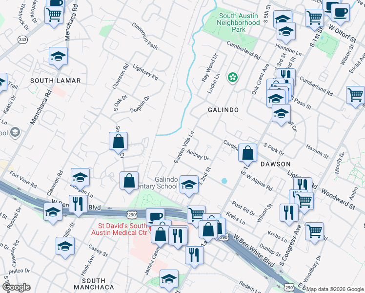 map of restaurants, bars, coffee shops, grocery stores, and more near 3606 Audrey Drive in Austin