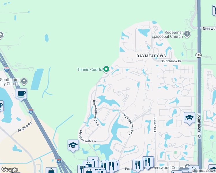 map of restaurants, bars, coffee shops, grocery stores, and more near 7701 Bay Meadows Circle in Jacksonville