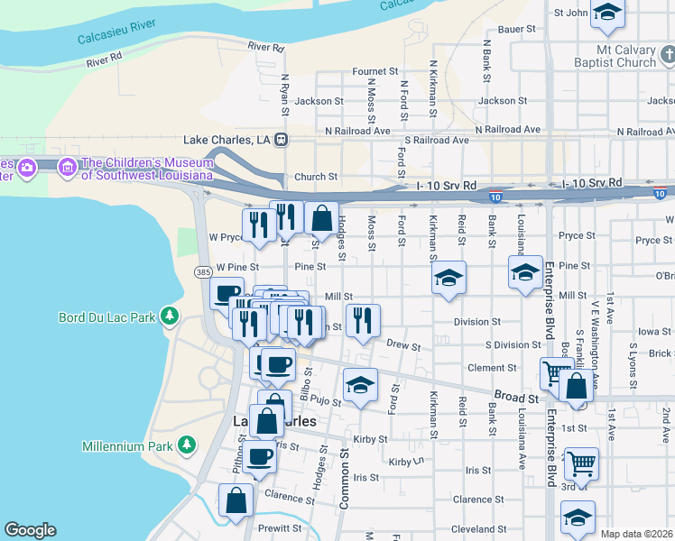 map of restaurants, bars, coffee shops, grocery stores, and more near 512 Hodges Street in Lake Charles