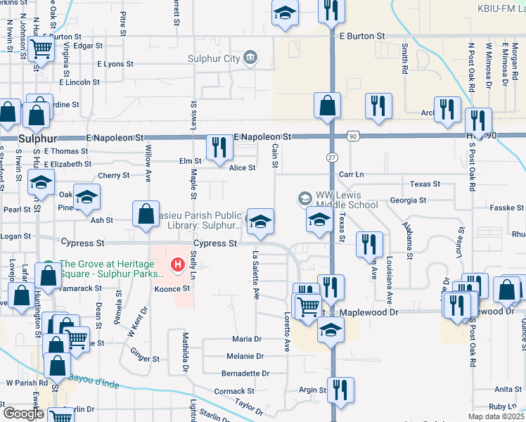 map of restaurants, bars, coffee shops, grocery stores, and more near 322 Cain Street in Sulphur