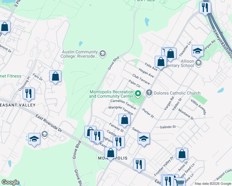 map of restaurants, bars, coffee shops, grocery stores, and more near 1212 Begonia Terrace in Austin