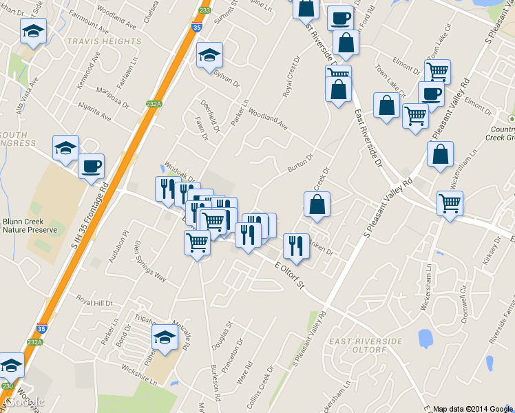 map of restaurants, bars, coffee shops, grocery stores, and more near 2090-2124 Burton Drive in Austin