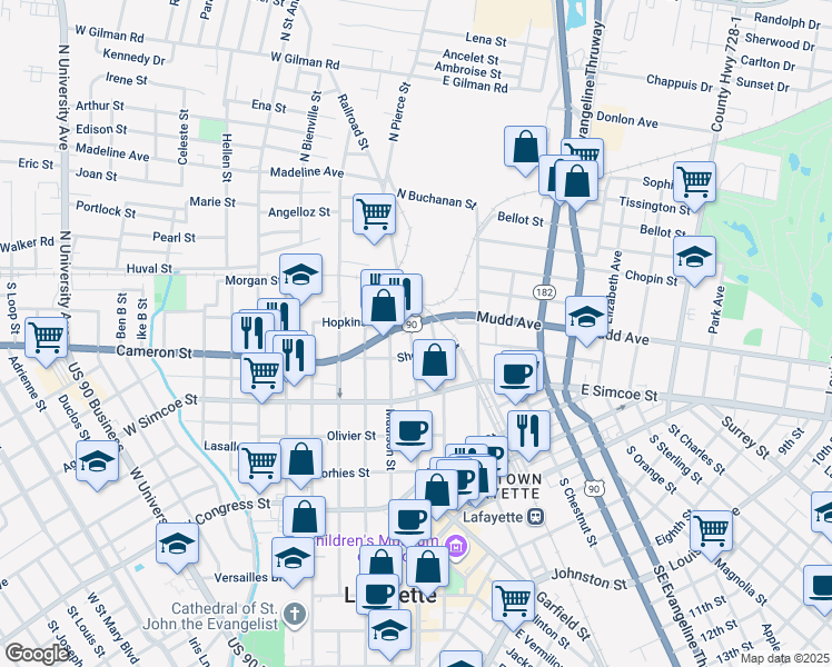 map of restaurants, bars, coffee shops, grocery stores, and more near 215 South Pierce Street in Lafayette