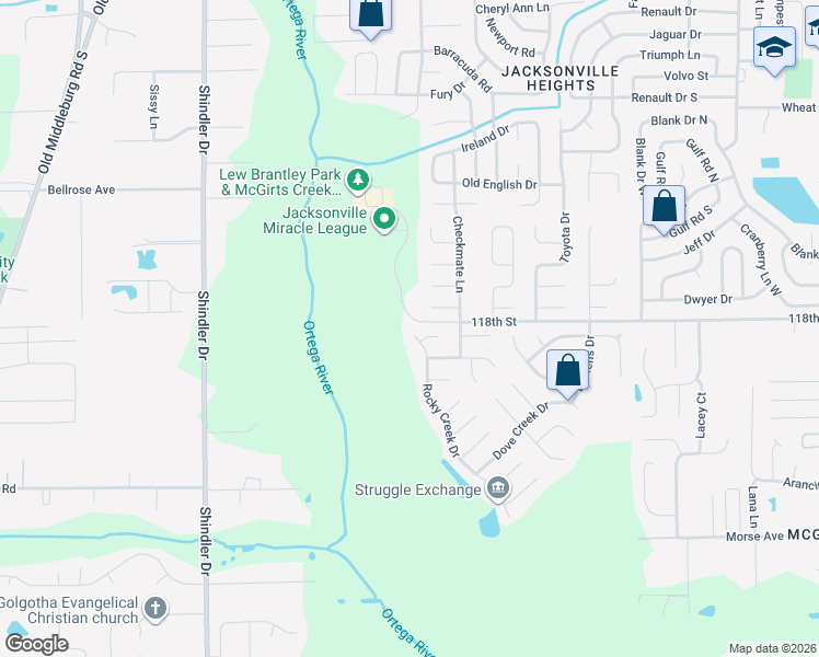 map of restaurants, bars, coffee shops, grocery stores, and more near 8361 Rocky Creek Drive in Jacksonville