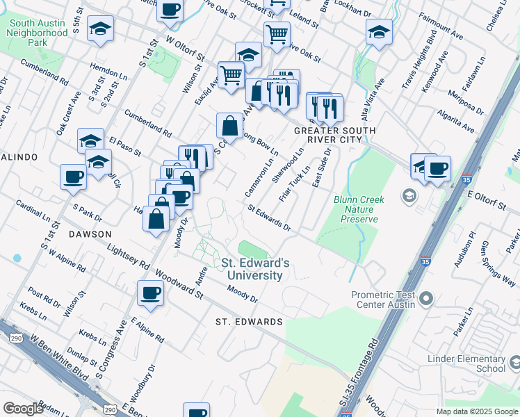 map of restaurants, bars, coffee shops, grocery stores, and more near 2715 Sherwood Lane in Austin