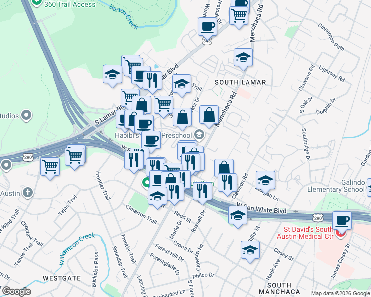 map of restaurants, bars, coffee shops, grocery stores, and more near 2012 Gathright Cove in Austin