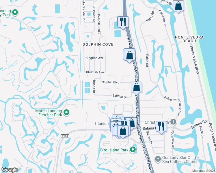 map of restaurants, bars, coffee shops, grocery stores, and more near 12 Amberjack Road in Ponte Vedra Beach