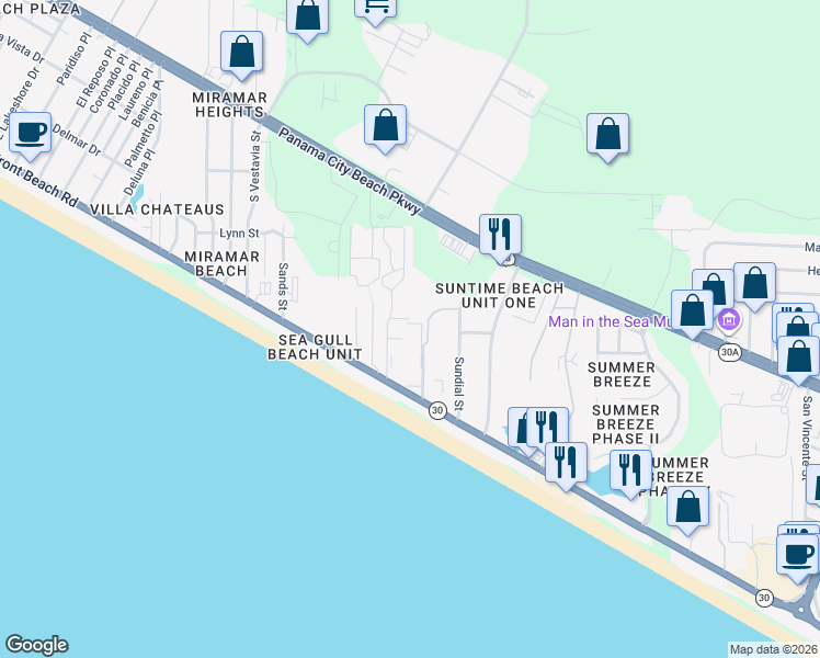 map of restaurants, bars, coffee shops, grocery stores, and more near 17620 Front Beach Road in Panama City Beach