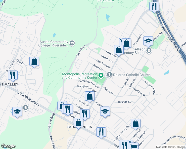 map of restaurants, bars, coffee shops, grocery stores, and more near 6106 Begonia Circle in Austin